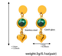 Φόρτωσε την φωτογραφία στο Gallery viewer, Σκουλαρίκια ατσάλινα κρεμαστά με καρδιά, κρύσταλλο Τσεχίας πράσινο, 26022615