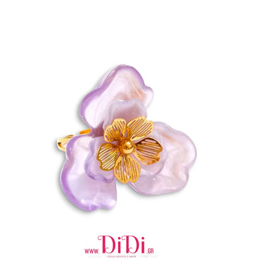 Ατσάλινο δαχτυλίδι με σχέδιο λουλούδι ακριλικό, μοβ, σε κίτρινο χρυσό, 0411257