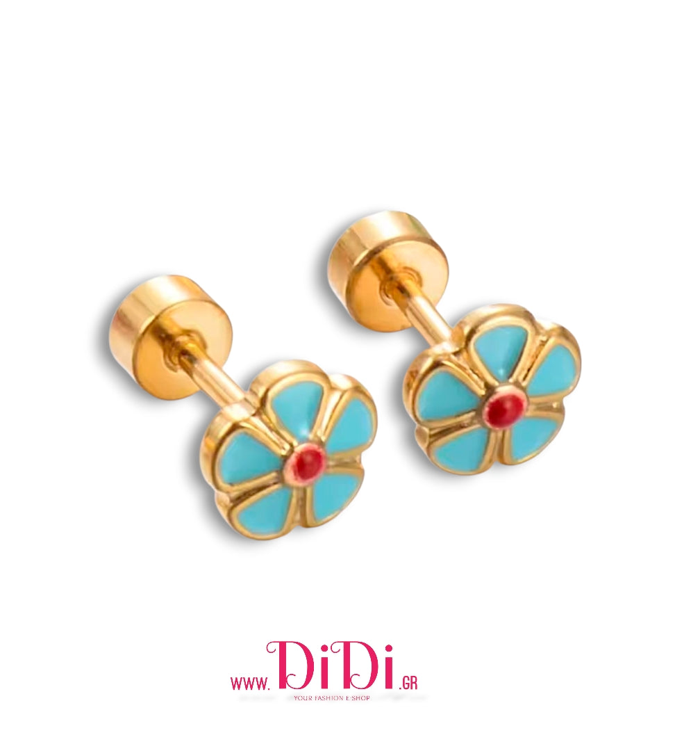 Σκουλαρίκια ατσάλινα βιδωτά, λουλούδι γαλάζιο με σμάλτο, σε κίτρινο χρυσό, 0511251