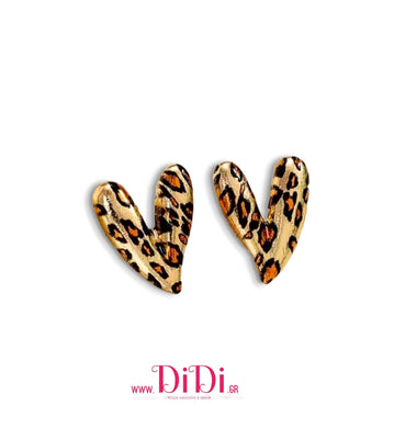 Σκουλαρίκια καρφάκι, καρδιές μεταλλικές, χρυσό λεοπάρ, 3110251