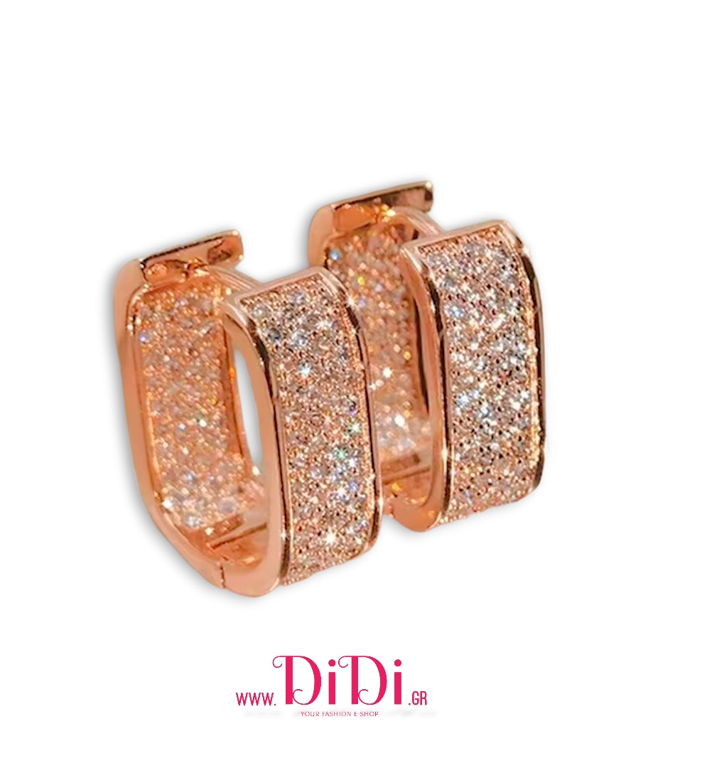 Σκουλαρίκια κρίκοι ατσάλινοι 1,6cm οβάλ με καρφωτά λευκά στρας, ροζ χρυσό, 2910259R