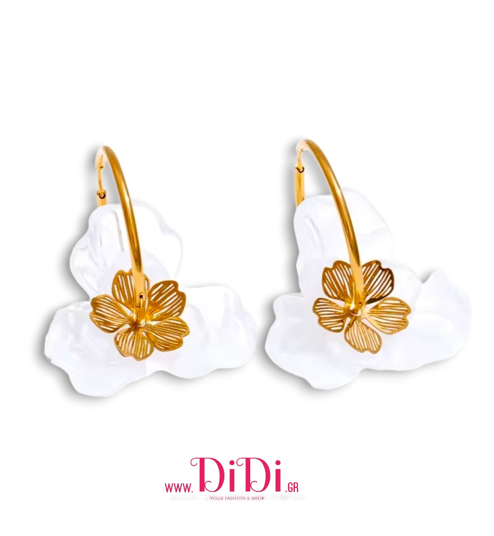 Σκουλαρίκια κρίκοι, με ακριλικά λουλούδια, λευκό, 0411252