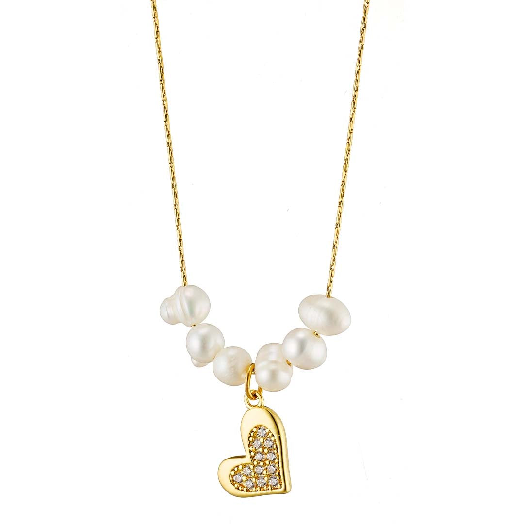 Κολιε ατσάλινο καρδιά με συνθετική περλίτσα, σε κίτρινο χρυσό, 07278G