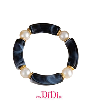 Βραχιόλι ελαστικό με ακριλικές χάντρες & πέρλες, μαύρο - χρυσό, 16102511