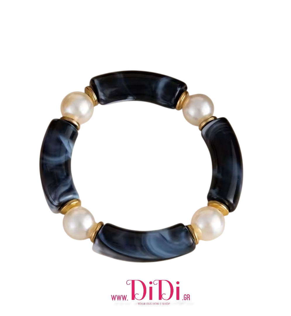 Βραχιόλι ελαστικό με ακριλικές χάντρες & πέρλες, μαύρο - χρυσό, 16102511