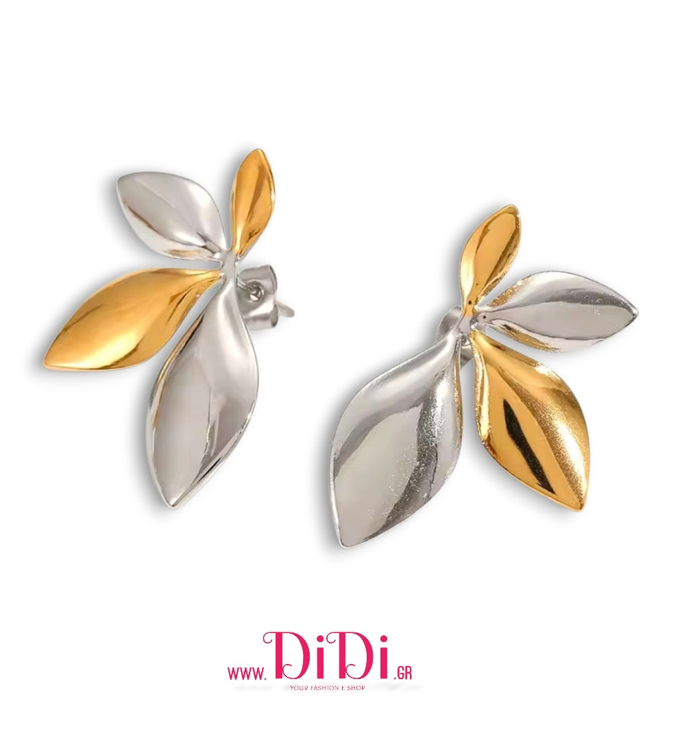 Ατσάλινα σκουλαρίκια καρφάκι, δίχρωμο ασημί - κίτρινο χρυσό, 0512253