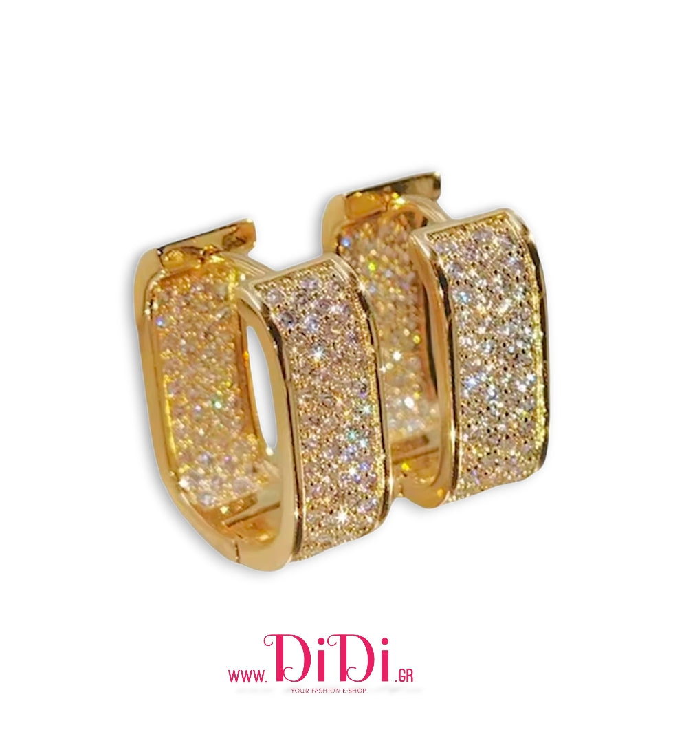 Σκουλαρίκια κρίκοι ατσάλινοι 1,6cm οβάλ με καρφωτά λευκά στρας, κίτρινο χρυσό, 2910258G