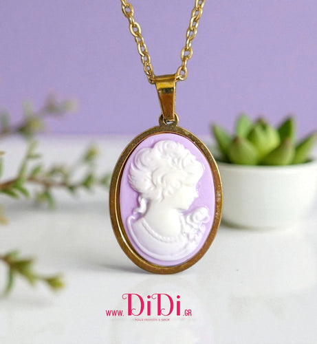 Κολιέ ατσάλινο με λιλά καμέο 1,8cm x 2,5cm, σε κίτρινο χρυσό, 1111253