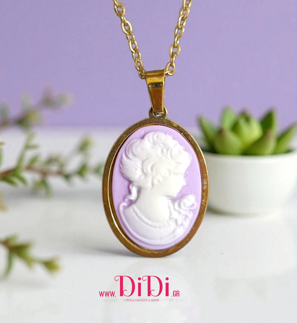 Κολιέ ατσάλινο με λιλά καμέο 1,8cm x 2,5cm, σε κίτρινο χρυσό, 1111253