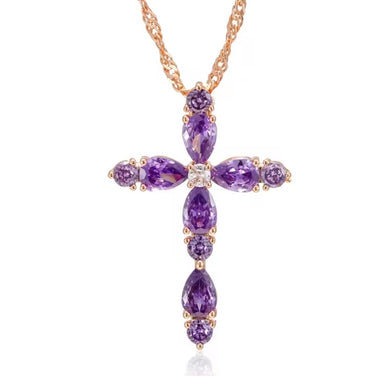 Κολιέ σταυρός χάλκινο με μοβ ζιργκόν, σε ροζ χρυσό, 28112511