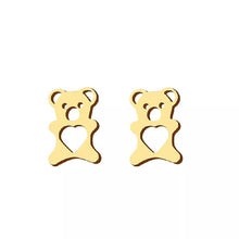 Φόρτωσε την φωτογραφία στο Gallery viewer, Ατσάλινα σκουλαρίκια αρκουδάκια με καρδούλες, κίτρινο χρυσό