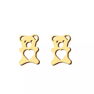 Ατσάλινα σκουλαρίκια αρκουδάκια με καρδούλες, κίτρινο χρυσό