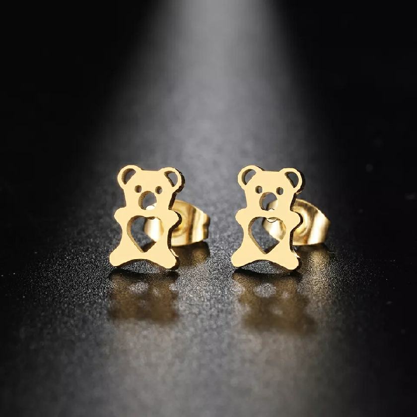 Ατσάλινα σκουλαρίκια αρκουδάκια με καρδούλες, κίτρινο χρυσό