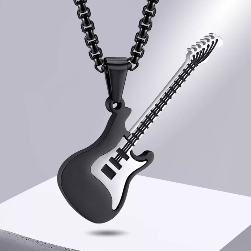 Ατσάλινο κολιέ unisex, κιθάρα μαύρο - ασημί