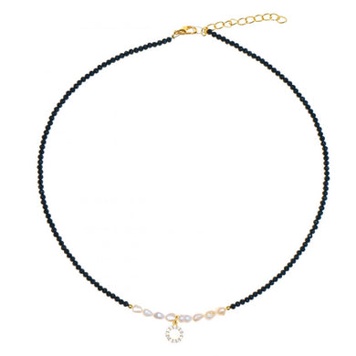Κολιέ κοντό με στρογγυλό μοτιφ στρας & μαύρες κρυστάλλινες χάντρες 3mm & μαργαριτάρια