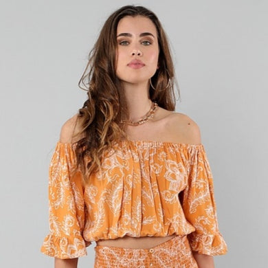 Μπλούζα off shoulder, σε mustard με λευκό φλοράλ