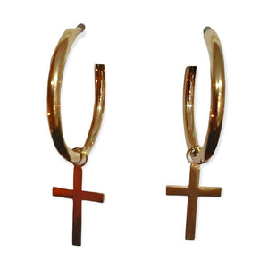 Ατσάλινα σκουλαρίκια κρίκοι στρογγυλεμένοι με σταυρουδάκι, σε χρυσό διαμέτρου 2,5cm