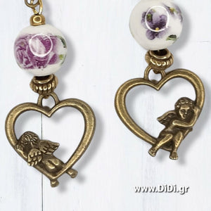 Σκουλαρίκια κρεμαστά, Cubid με κεραμικές χάντρες με μοβ λουλούδια, σε αντικέ χρυσό