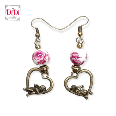 Σκουλαρίκια κρεμαστά, Cubid με κεραμικές χάντρες με φούξια λουλούδια, σε αντικέ χρυσό