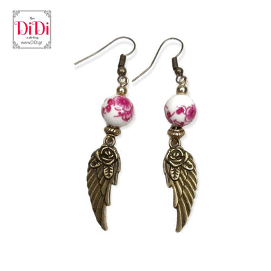 Σκουλαρίκια κρεμαστά, Angel Wing με κεραμικές χάντρες με φούξια λουλούδια, σε αντικέ χρυσό