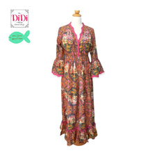Φόρτωσε την φωτογραφία στο Gallery viewer, Φόρεμα μακρύ, boho, χειροποίητο με φαρδιά μανίκια και βολάν στο τελείωμα, φούξια - πορτοκαλί - πράσινο