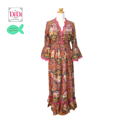 Φόρεμα μακρύ, boho, χειροποίητο με φαρδιά μανίκια και βολάν στο τελείωμα, φούξια - πορτοκαλί - πράσινο
