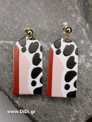 Σκουλαρίκια κρεμαστά polyresin ροζ - μαύρο, καρφάκι κίτρινο χρυσό