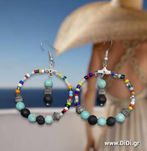 Φόρτωσε την φωτογραφία στο Gallery viewer, Σκουλαρίκια boho κρίκοι τιρκουάζ - μπεζ χαουλίτης και μικρή κοντερία χρωματιστή