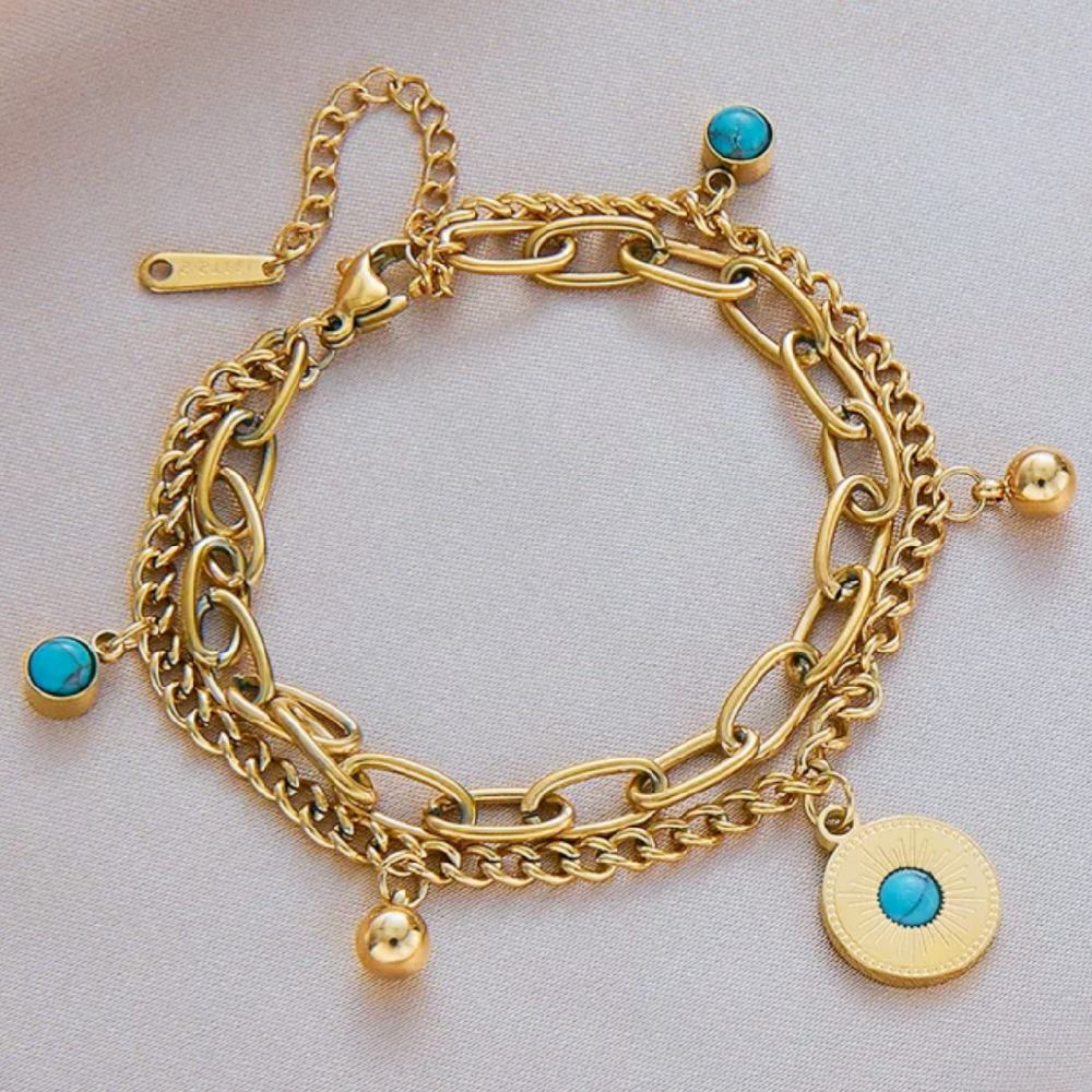 Ατσάλινο βραχιόλι αλυσίδα διπλό, μπλε στοιχεία, μπιλάκια & αλυσίδα, σε κίτρινο χρυσό