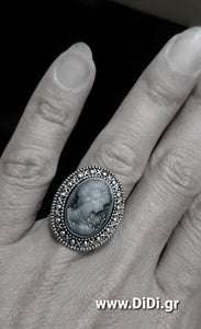 Δαχτυλίδι καμέο, γκρι λευκή γυναικεία φιγούρα, νο1