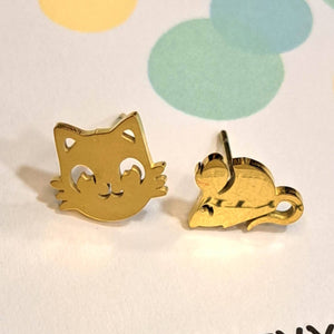 Ατσάλινα σκουλαρίκια γάτα & ποντίκι, χρυσό