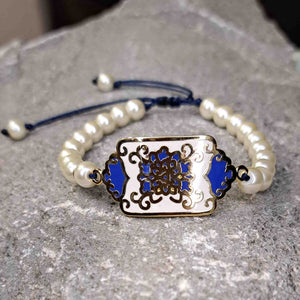 Βραχιόλι χειροποίητο, γυάλινες πέρλες &  μπλε, στενόμακρο μεταλλικό στοιχείο, σειρά tiles, 311223