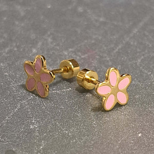 Σκουλαρίκια ατσάλινα μαργαρίτες ροζ με βιδωτό κούμπωμα, 6mm σε κίτρινο χρυσό