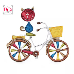 Καρφίτσα ποδήλατο με γάτα και χρωματιστό σμάλτο, σε ασημί