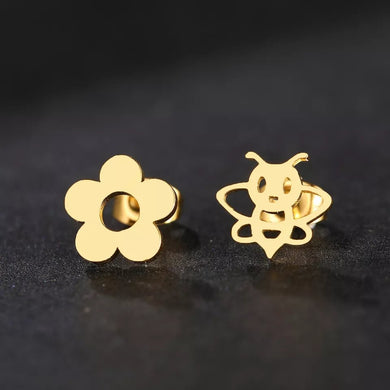 Ατσάλινα σκουλαρίκια μέλισσα & λουλούδι, χρυσό