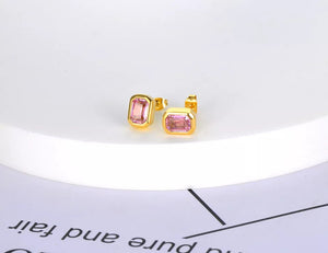 Ατσάλινα σκουλαρίκια καρφάκι, ροζ ορθογώνιο ζιργκόν, σε κίτρινο χρυσό