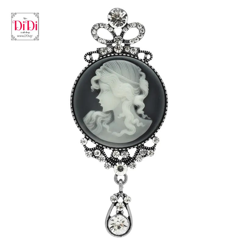 Καρφίτσα Καμέο (Cameo) με γκρι κοπελα σε μαύρο φόντο, ασημί με στρας, 2411254