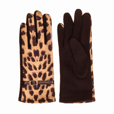 Γάντια καφέ σκούρο με άνιμαλ print και γούνινη επένδυση