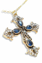 Φόρτωσε την φωτογραφία στο Gallery viewer, Ατσάλινο κολιέ σταυρός αντικέ σε ατσάλινη αλυσίδα, με μπλε πέτρες, μεσαίος