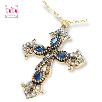 Ατσάλινο κολιέ σταυρός αντικέ σε ατσάλινη αλυσίδα, με μπλε πέτρες, μεσαίος