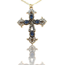 Φόρτωσε την φωτογραφία στο Gallery viewer, Ατσάλινο κολιέ σταυρός αντικέ σε ατσάλινη αλυσίδα, με μπλε πέτρες, μεσαίος