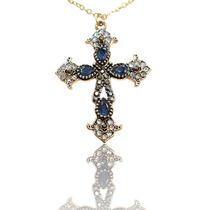 Ατσάλινο κολιέ σταυρός αντικέ σε ατσάλινη αλυσίδα, με μπλε πέτρες, μεσαίος