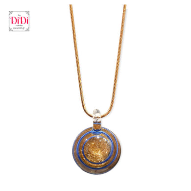 Ατσάλινο κολιέ murano, στρογγυλό, γυάλινο μενταγιόν μπλε αποχρώσεων, σε ροζ χρυσό