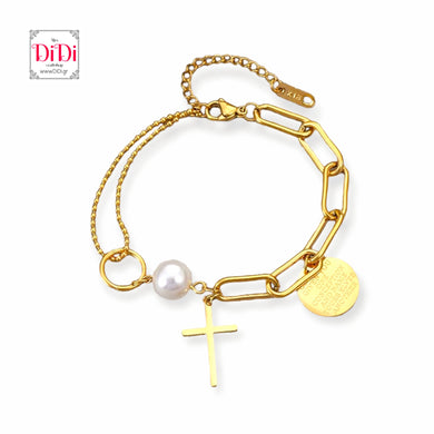 Ατσάλινο βραχιόλι αλυσίδα με λευκή πέρλα και σταυρό, σε κίτρινο χρυσό