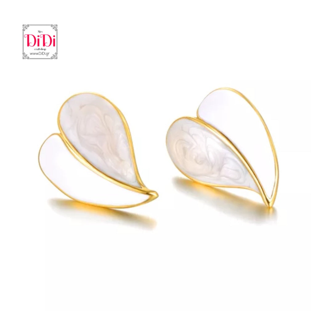 Σκουλαρίκια ατσάλινα, σχέδιο καρδιά με λευκό σμάλτο, σε κίτρινο χρυσό