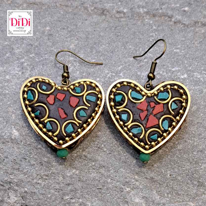 Σκουλαρίκια boho, μεγάλες καρδιές σε χρυσό αντικέ