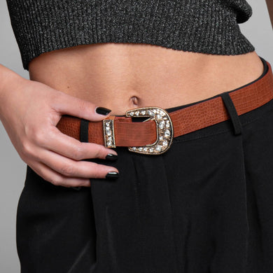 Ζώνη τεχνόδερμα, καφέ ανάγλυφη και χρυσαφί με στρας, οβάλ αγκράφα